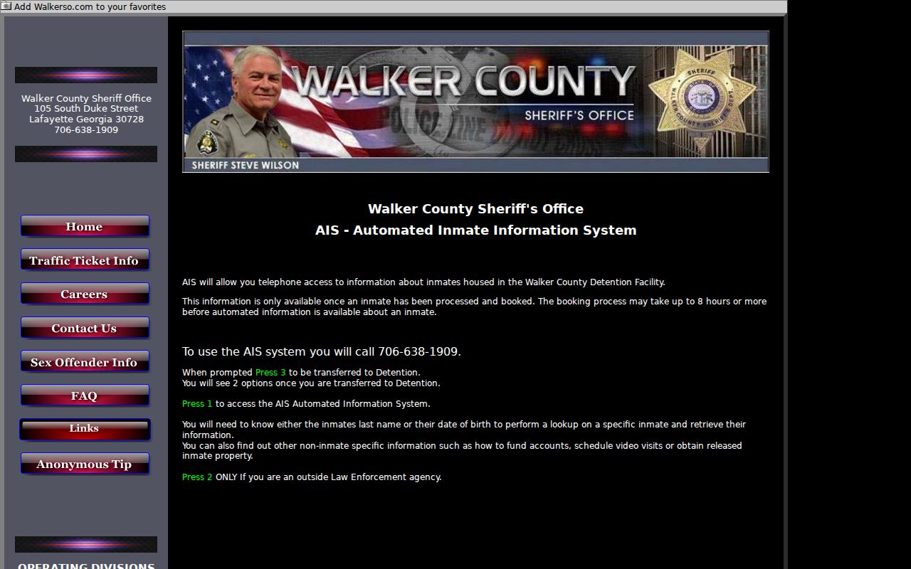 Walker County criminal booking record and automated inmate information instructions